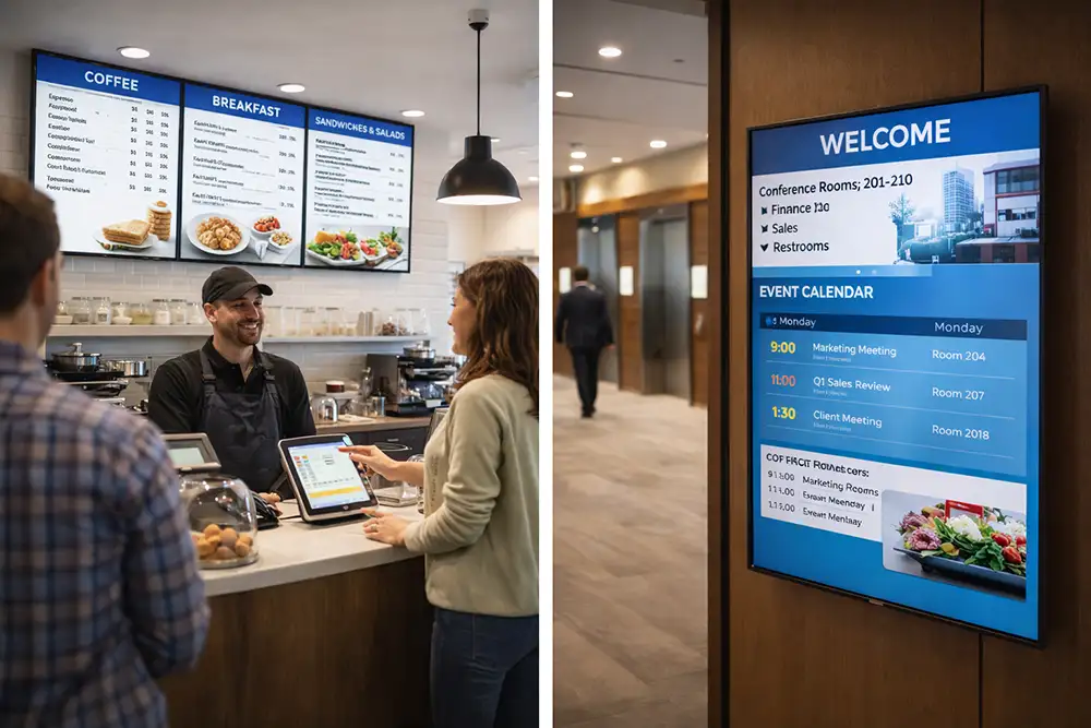 Multiple commercial displays mounted in a bar or restaurant setting