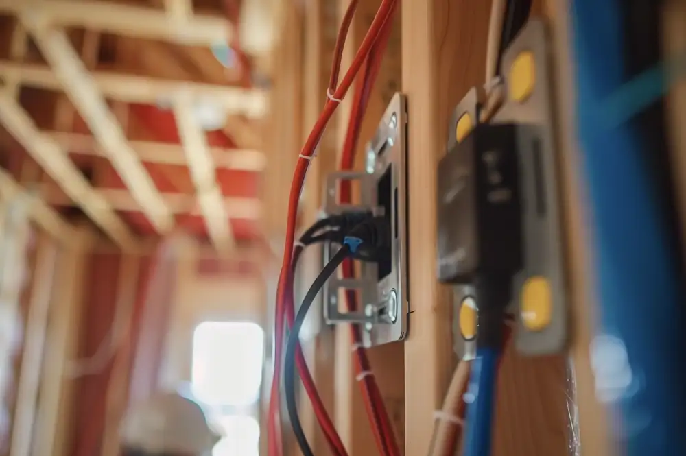 Residential pre-wiring installation showing structured wiring for audio, video, networking, and security systems