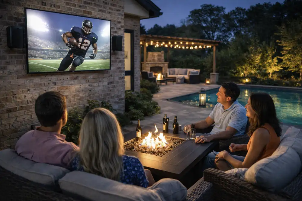 Outdoor entertainment system with weather-ready speakers