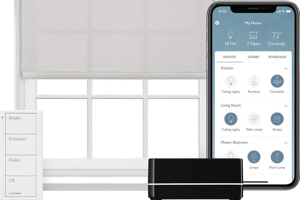 Modern living room with automated lighting and motorized shades controlled by a mobile app